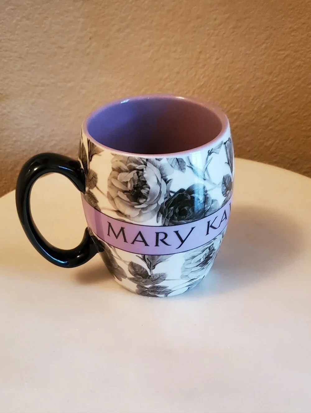 Mary Kay Black, White & Lavendar Floral Logo Ceramic Mug.